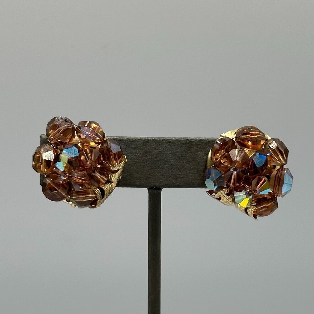 3/$30 Vintage Clip On Earrings Gold Tone Brown Crystal Cluster Aurora Borealis